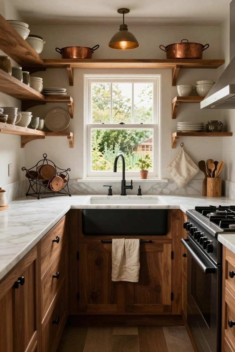 Small kitchen interior with light wood open shelves displaying white ceramic bowls, plates, gray pots, and copper cookware, marble countertops, black farm sink, wood cabinets, and a window overlooking greenery.
