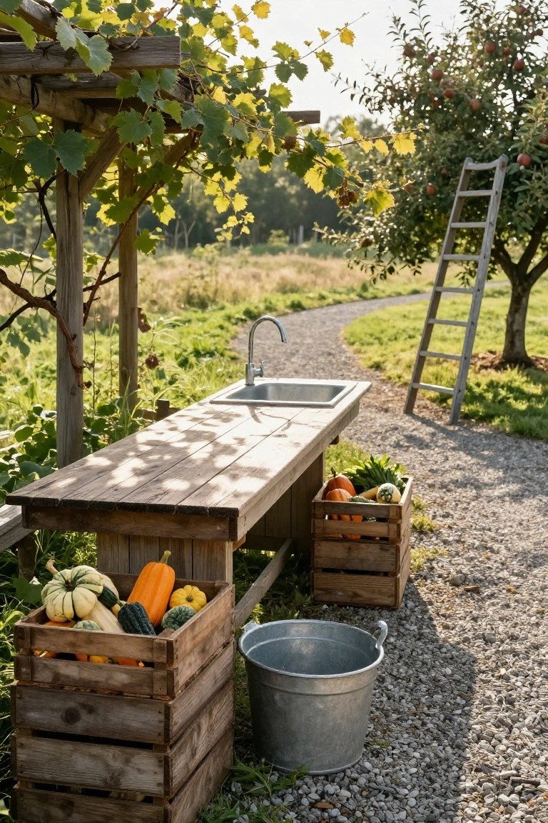 Wooden outdoor workbench with faucet and sink, crates of pumpkins and squash on either side, metal bucket nearby, under vine-covered pergola beside apple tree and gravel path.