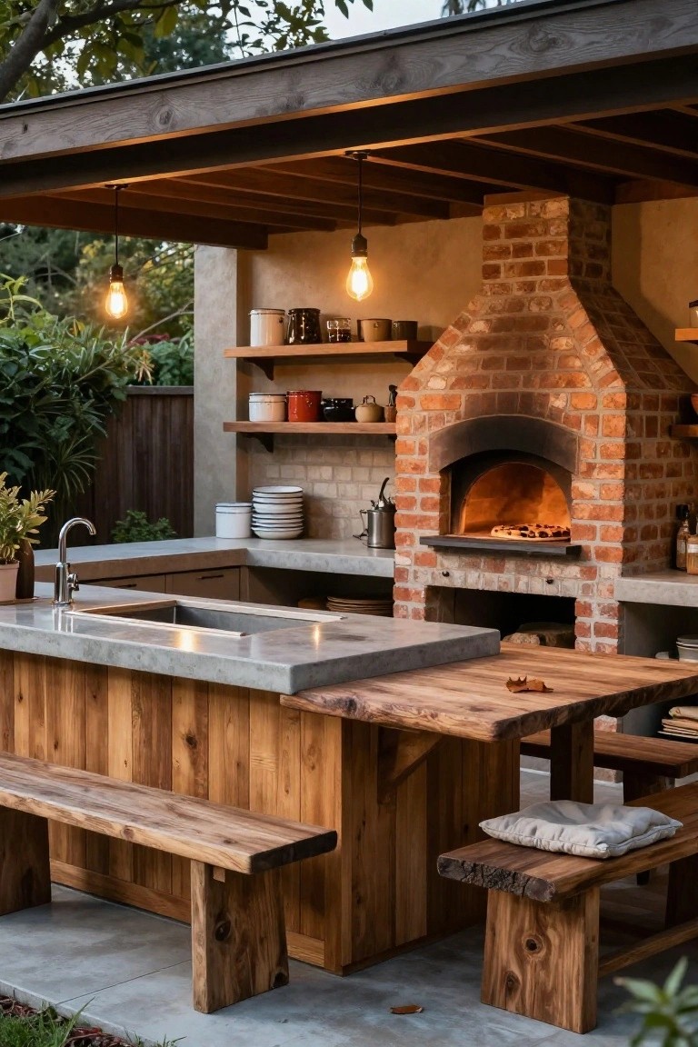 Covered outdoor patio kitchen with arched brick wood-fired pizza oven, concrete countertop and sink, wooden benches and table, pendant lights, shelves with pottery, and surrounding greenery.