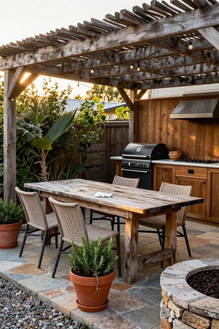 Outdoor patio under a rustic wooden pergola with string lights, wooden dining table and wicker chairs, built-in black grill and kitchen counters against wood-paneled wall, potted plants, and circular stone fire pit on slate tile floor.