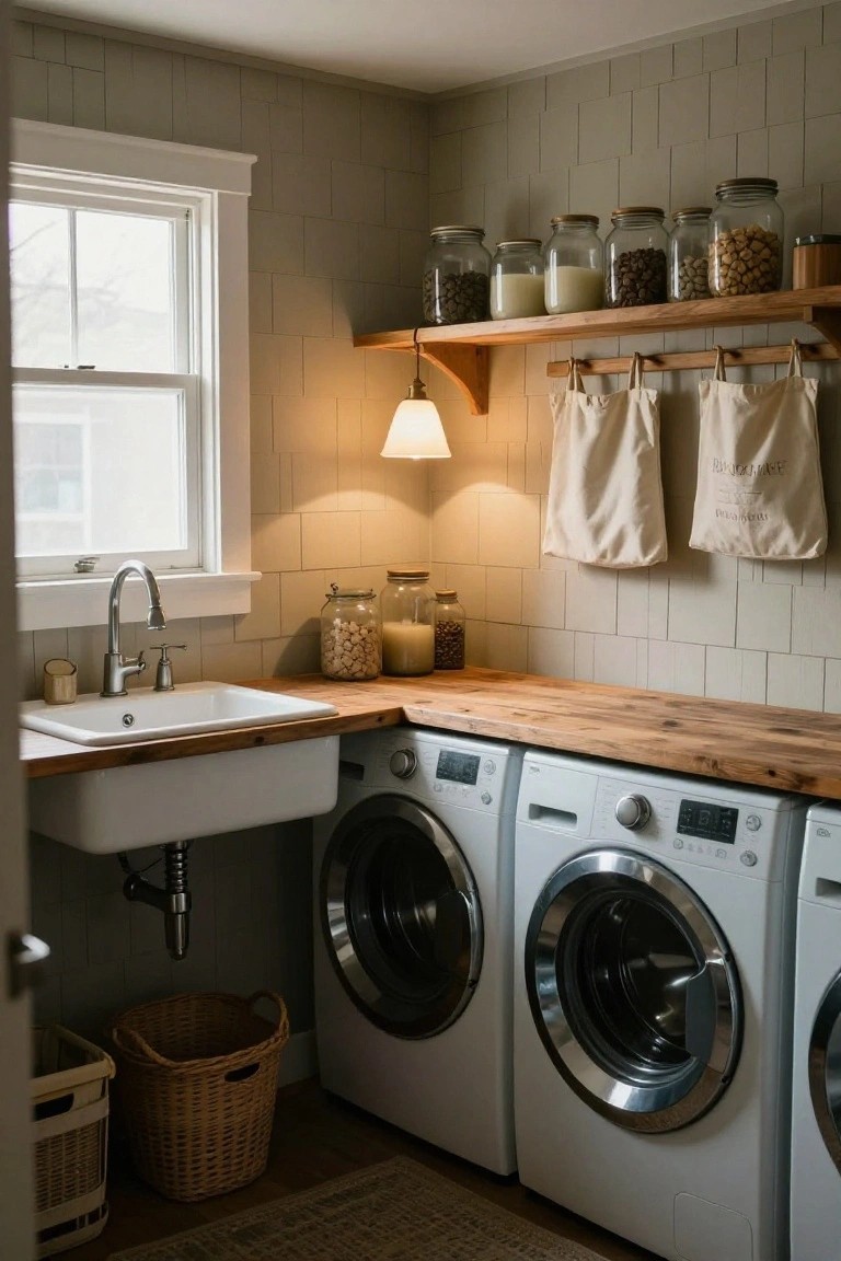 Cozy laundry room with wooden countertop over farmhouse sink and washer-dryer units, neutral gray tile walls, wooden shelves holding glass jars, hanging fabric bags, and warm pendant light.