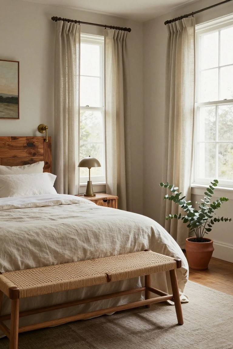 Bedroom corner with live-edge wooden headboard and bed dressed in white linens, wooden nightstand holding brass lamp, potted eucalyptus plant, rattan-topped wooden bench at bed foot, sheer curtains on two large windows, neutral rug on wood floor.