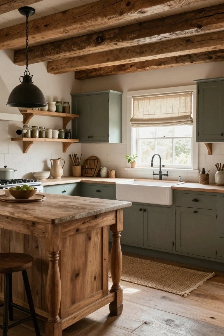 Rustic kitchen interior with sage green cabinets, freestanding wooden island on turned legs, exposed wooden beam ceiling, white farmhouse sink, open wooden shelves with jars, and a window with linen shade.