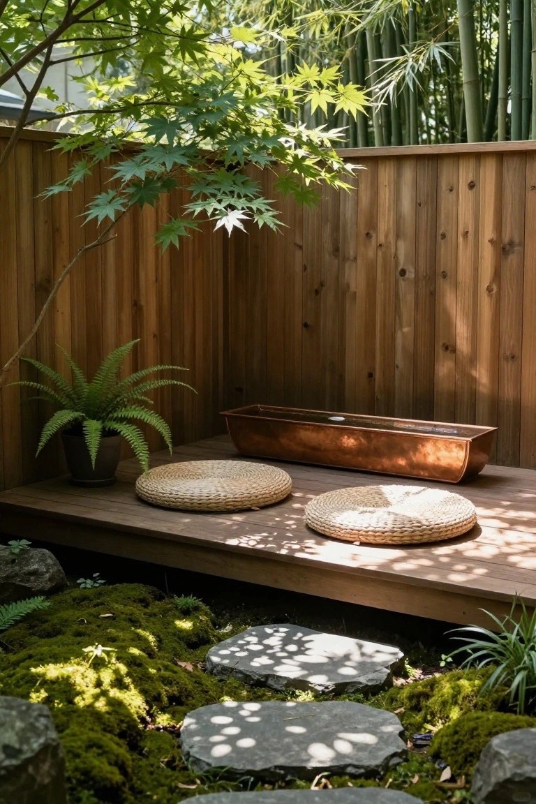Wooden platform outdoors with two round woven cushions, a long copper water trough, potted fern, mossy rocks, stepping stones, bamboo fence, and overhanging Japanese maple tree in a garden setting.