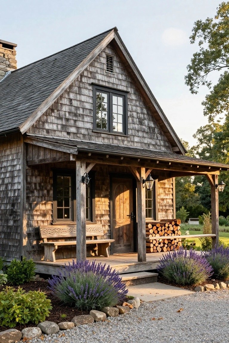 Small gabled wooden house covered in dark gray shingle siding, featuring a covered front porch with timber posts, a wooden bench, lanterns, stacked firewood, and lavender plants bordered by stones and gravel.