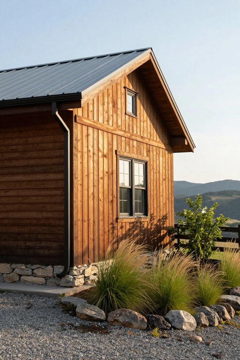 Side view of a wooden gabled building with vertical board-and-batten siding, standing-seam metal roof, stone foundation wall, gravel ground cover, clusters of ornamental grasses and rocks nearby, wooden fence, and distant hills under a clear sky.