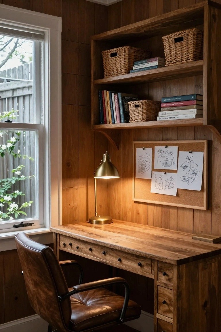 Wood-paneled room with built-in oak shelves holding books and wicker baskets, wooden desk with leather chair and brass lamp, corkboard pinned with sketches, and window showing garden view.