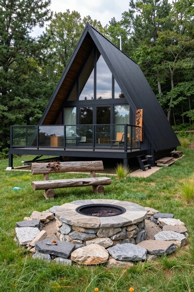 Black A-frame cabin with large front glass wall and balcony deck elevated on stilts, wooden bench nearby, stone fire pit in grassy yard surrounded by pine forest.