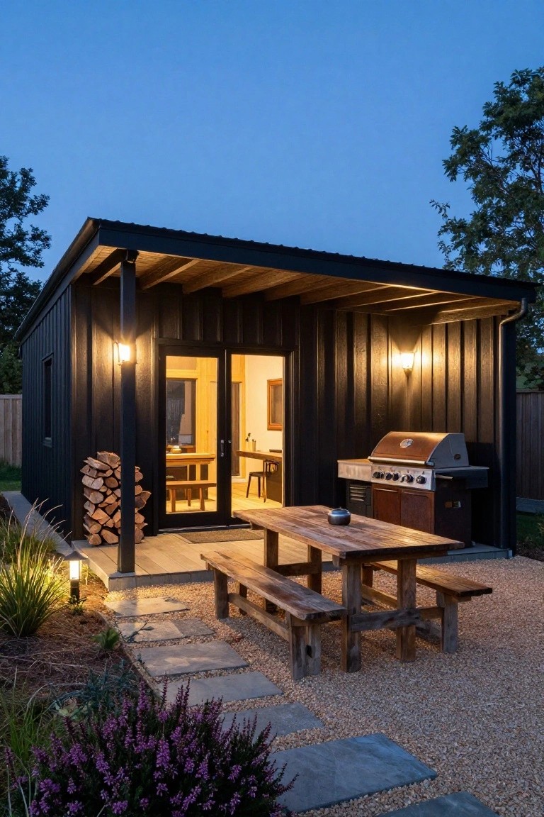 Small rectangular cabin with black vertical siding, covered wooden porch, glass doors opening to interior, wooden picnic table and benches, barbecue grill, firewood stack, gravel patio, and low plantings at dusk.