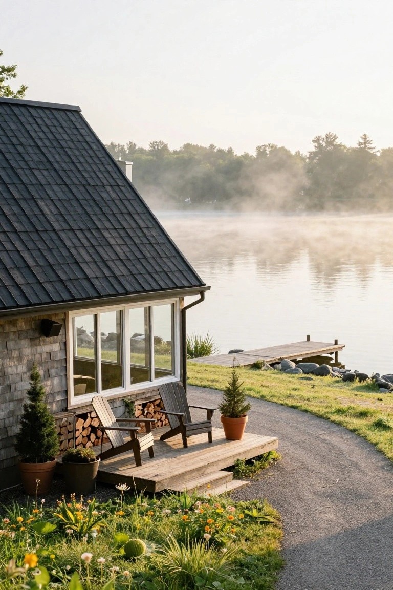 Corner view of a shingle-sided A-frame cabin with dark roof next to a misty lake, showing a small wooden deck with two Adirondack chairs, potted trees, firewood stack, and a dock nearby.
