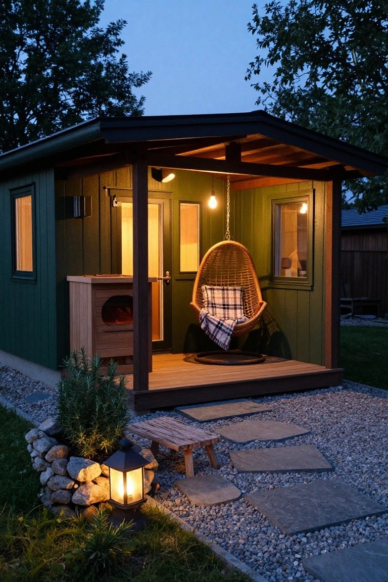Green wooden cabin with covered porch holding a hanging wicker swing with plaid blanket, wood stove cabinet beside the door, stone slab path, gravel ground, lantern light, and plants at dusk.