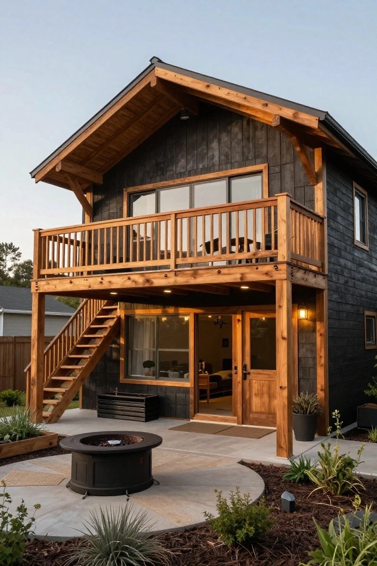 Two-story A-frame house with black siding, exposed wooden beams, upper balcony, exterior stairs, double doors, and a fire pit in the front yard.