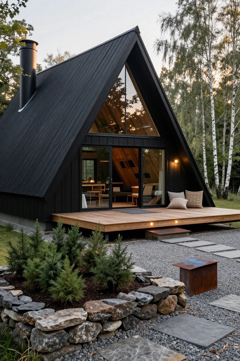 Black A-frame cabin with triangular glass windows and doors, wooden deck, stone-bordered garden bed with small evergreens, gravel path, and birch trees in background at dusk.