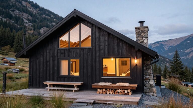Black A-frame cabin with tall stone chimney, large triangular glass facade, wooden deck with chairs and lanterns, stone path, and surrounding mountains at sunset.