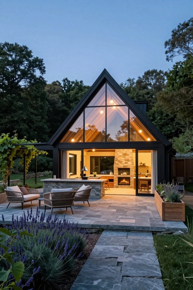 A modern black-framed A-frame cabin with a full triangular glass gable end facing a stone patio with rattan chairs, lavender plants, and surrounding trees at dusk.