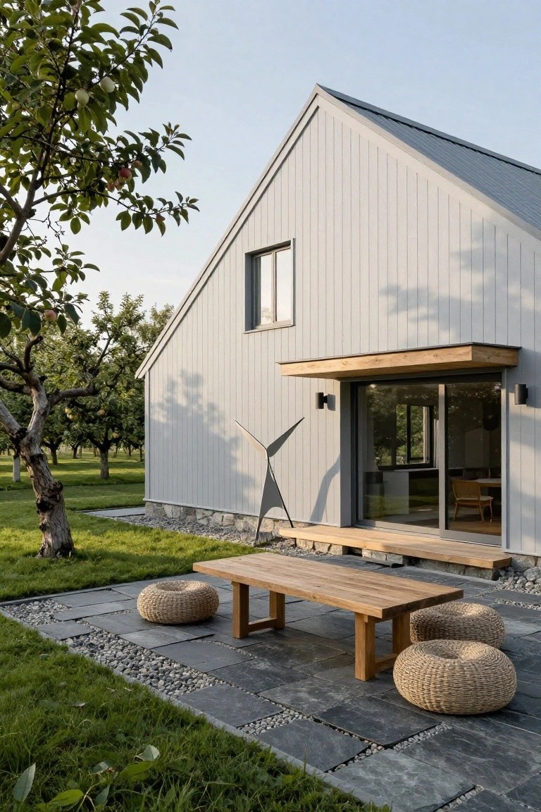 Light gray vertical wood siding on the exterior of an A-frame cabin with a wooden overhang above sliding glass doors opening to a slate stone patio furnished with a teak table and rattan poufs, adjacent to grass and apple orchard trees.
