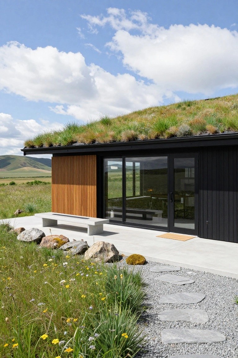 Black modern cabin with green turf roof, vertical wooden accent wall, large glass sliding doors, concrete bench, rocks, stone path, gravel, wildflowers, and mountain landscape in background.