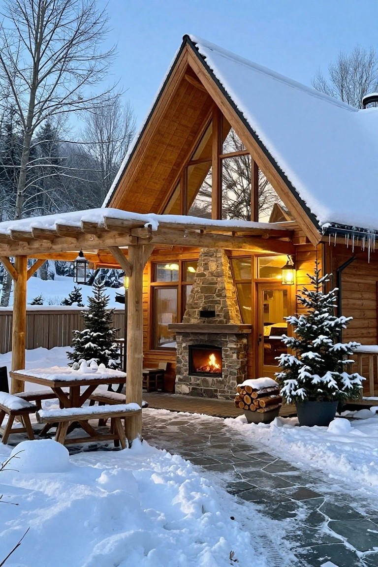 Snow-covered A-frame wooden cabin with a covered porch featuring a stone fireplace, glowing fire, stacked firewood, picnic table with benches, lanterns, potted Christmas trees, and surrounding evergreens.