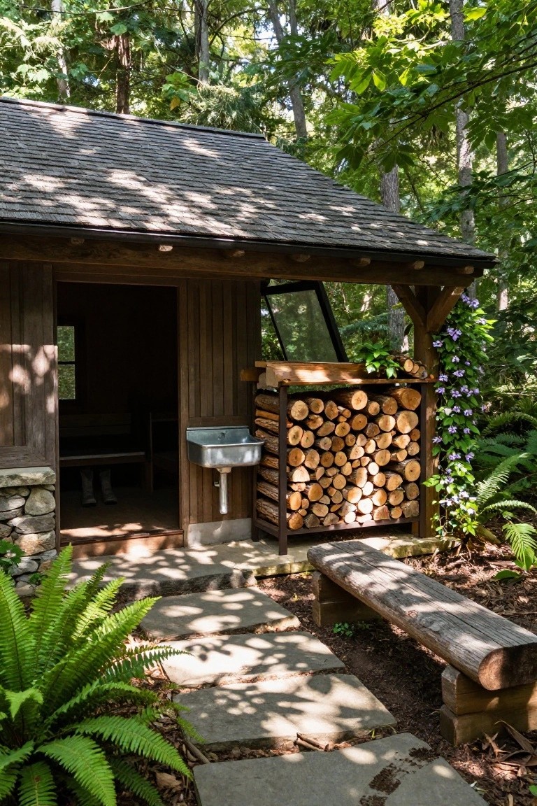 Wooden cabin with A-frame roof and open door showing interior benches and rubber boots, outdoor metal sink, adjacent firewood rack, wooden bench, stone path, ferns, and surrounding trees.