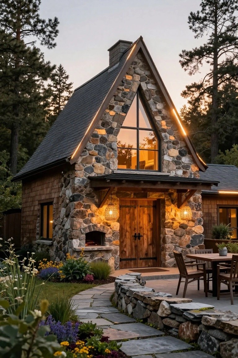 A-frame cabin exterior with fieldstone lower walls, dark shingle roof, large triangular window, wooden entry door with lanterns, built-in outdoor oven, patio dining table, stone pathway, and garden plantings surrounded by pine trees at dusk.