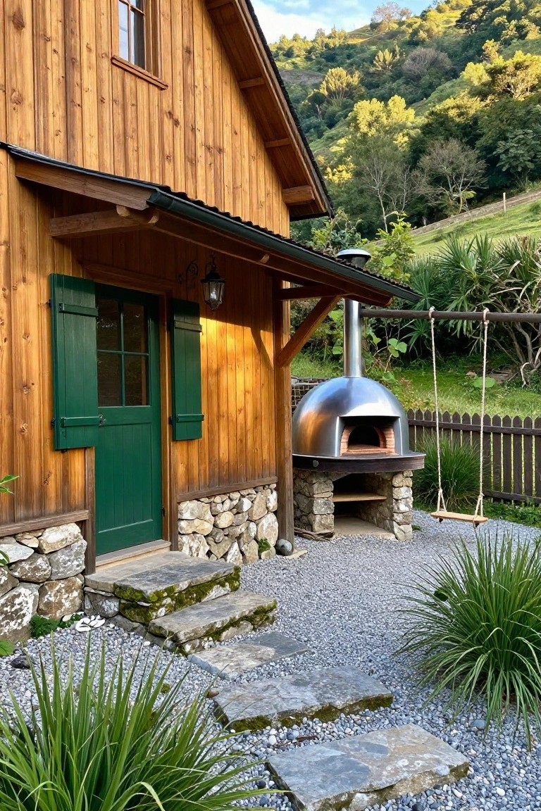 Wooden cabin exterior with green shuttered door, stone foundation and steps, adjacent stainless steel pizza oven on stone base, swing, gravel patio, plants, and wooded hillside background.