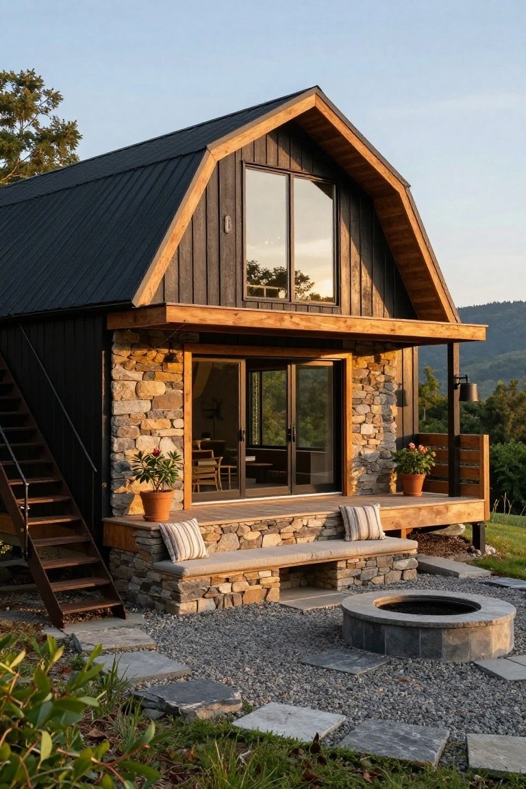 Dark wood A-frame cabin with black metal roof, stone base walls and bench, metal stairs to porch with glass doors, potted plants, fire pit on gravel patio, and wooded mountains in background.