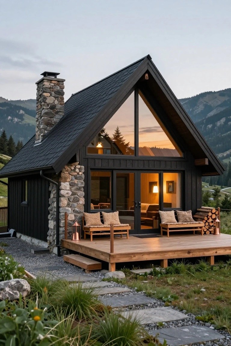 Black A-frame cabin with tall stone chimney, large triangular glass facade, wooden deck with chairs and lanterns, stone path, and surrounding mountains at sunset.