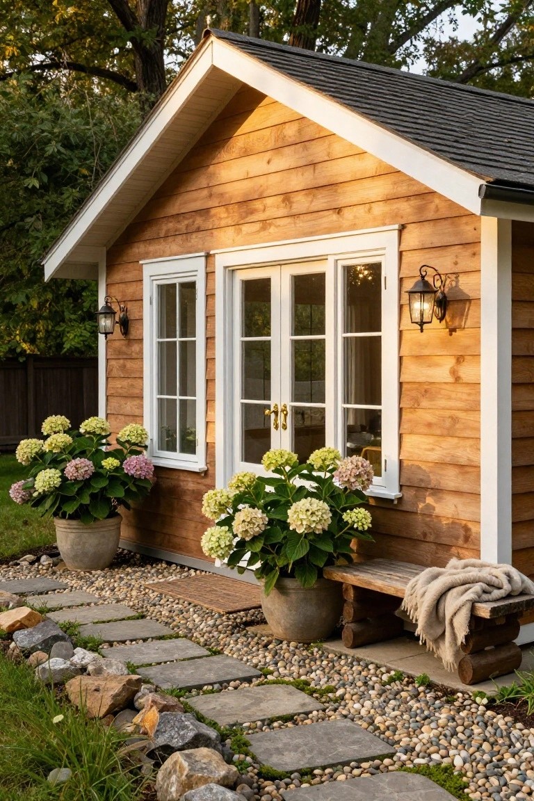 Small gabled cabin with warm-toned horizontal wood siding, white-trimmed double doors and window, flanked by large potted hydrangeas, wooden bench with blanket, stone path, gravel border, and garden plants.