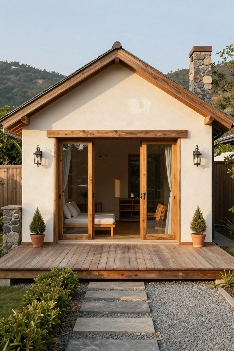 A small A-frame cabin with light beige plaster walls, dark wooden roof beams and trim, stone chimney, open wooden sliding glass doors showing interior, raised wooden deck, potted cypress trees on stone bases, stone path through gravel and shrubs leading to the deck, mountains in background.