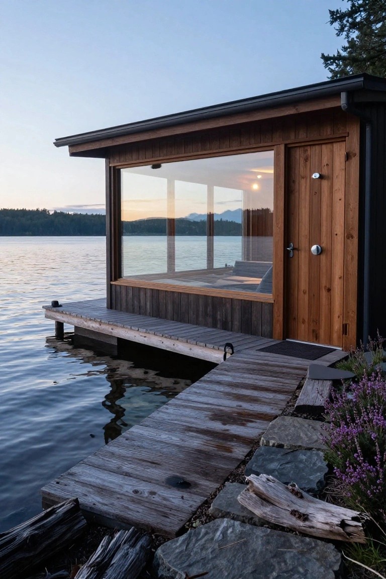 A small rectangular wooden cabin with dark metal roof and large floor-to-ceiling glass windows sits on a wooden dock extending into a calm lake, with a side door, wooden path, rocks, and plants nearby.