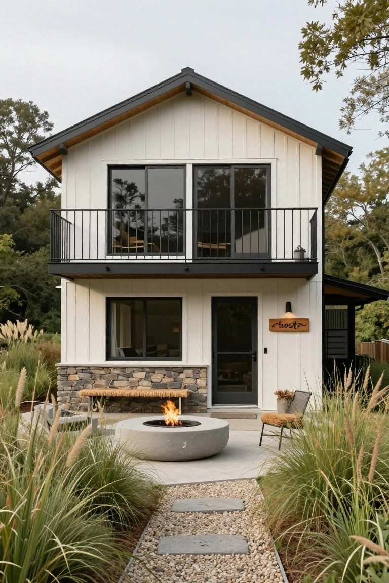 A two-story A-frame cabin exterior with white board-and-batten siding, black metal roof and trim, glass balcony on the upper level, front door with wooden 
