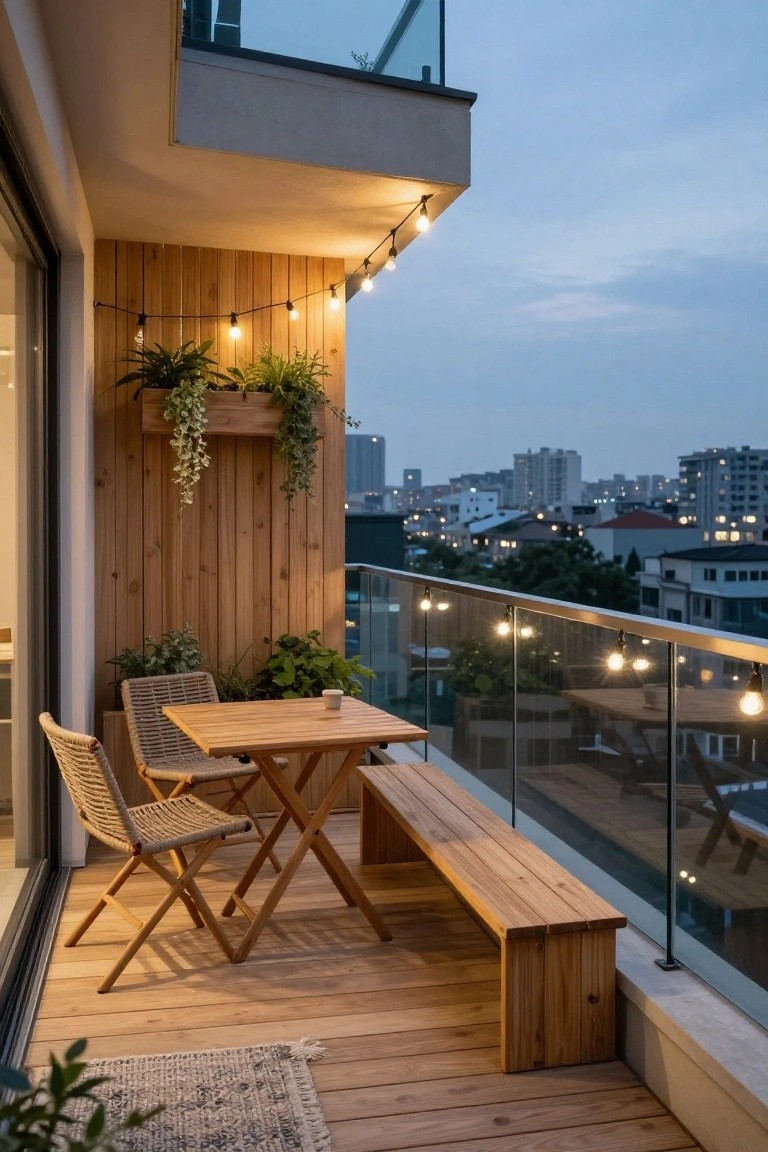 Modern balcony deck with wooden paneling on one wall, potted plants, a small wooden table, two rattan chairs, a wooden bench, string lights along the glass railing, and city view at dusk.