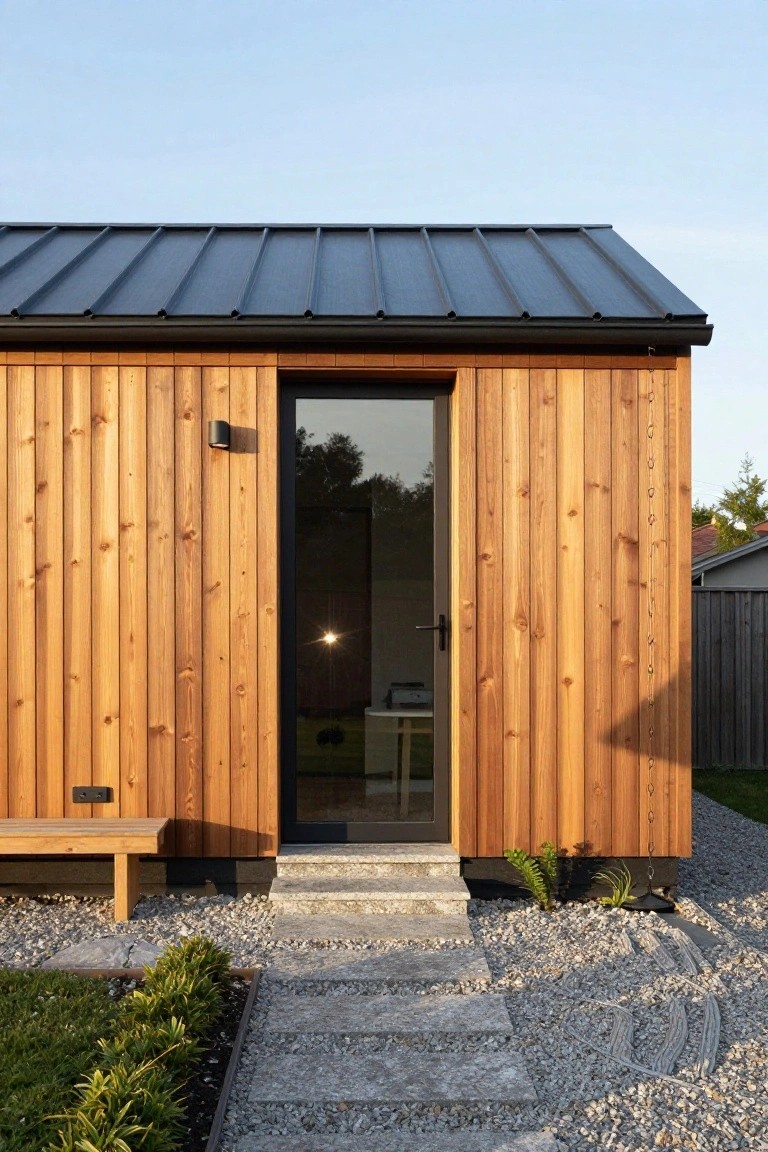 Small wooden cabin exterior featuring vertical wood cladding, black metal roof, glass entry door with black frame, wooden bench, stone steps, gravel ground cover, and low plants.