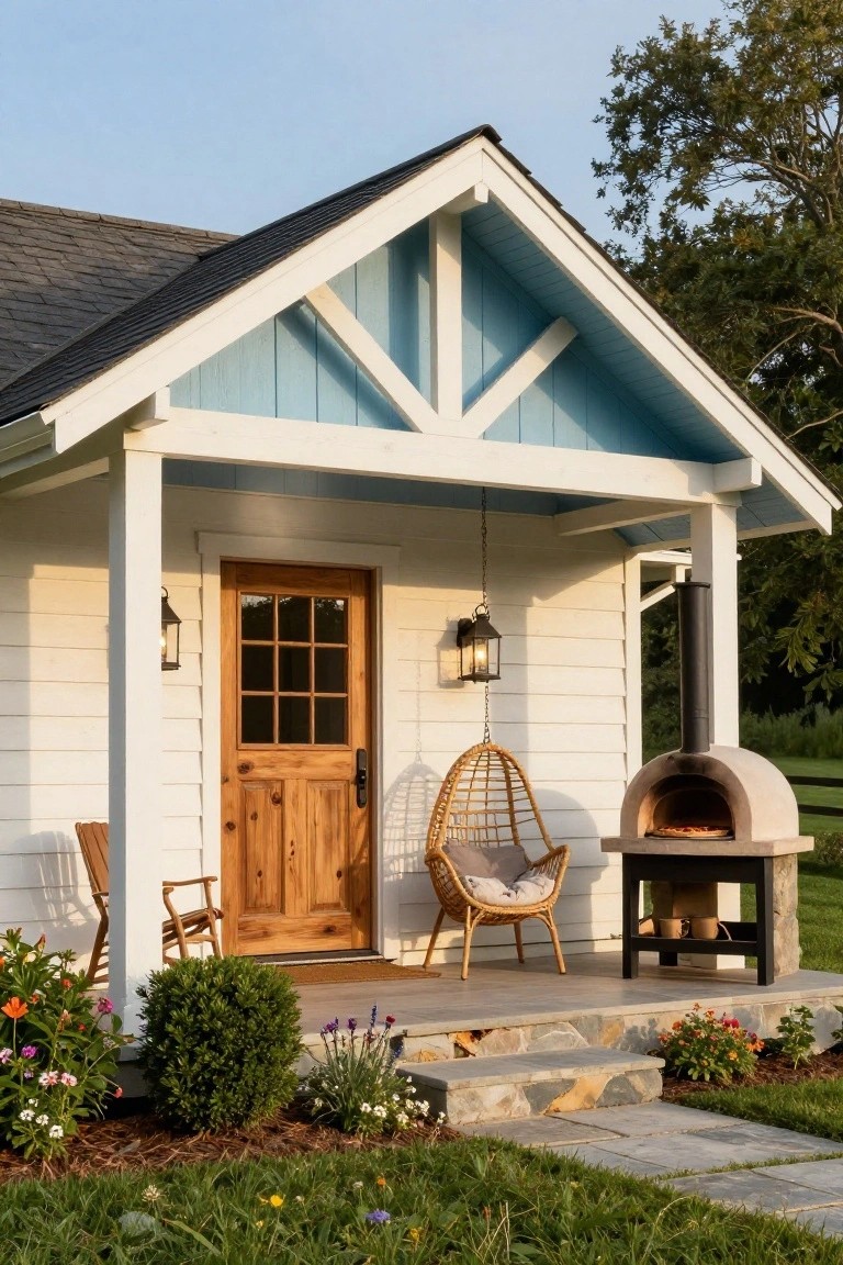 Small white clapboard house with blue gabled porch roof, wooden front door featuring nine panes of glass, hanging wicker chair and wooden rocking chair on porch, stone wood-fired oven nearby, flower beds and stone steps in front yard.