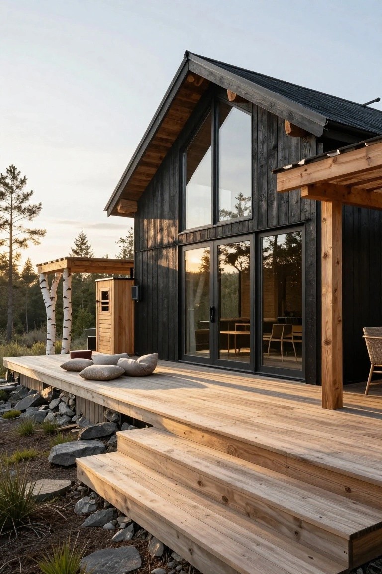 Black wood-clad house with gabled roof, large glass window and sliding doors, wooden deck with cushions and chairs, steps, rocks, grasses, birch trees, and pines at sunset.