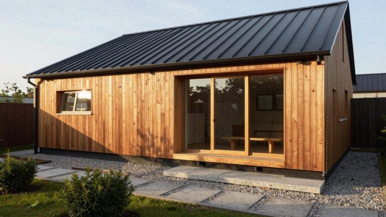 Small wooden cabin exterior featuring vertical wood cladding, black metal roof, glass entry door with black frame, wooden bench, stone steps, gravel ground cover, and low plants.