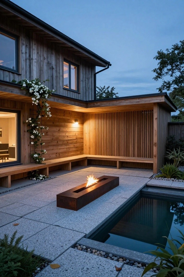 Dusk view of wooden house exterior with covered pavilion, built-in L-shaped benches, rectangular metal fire pit with flames, pebble patio, and adjacent rectangular pool surrounded by plants and gravel.