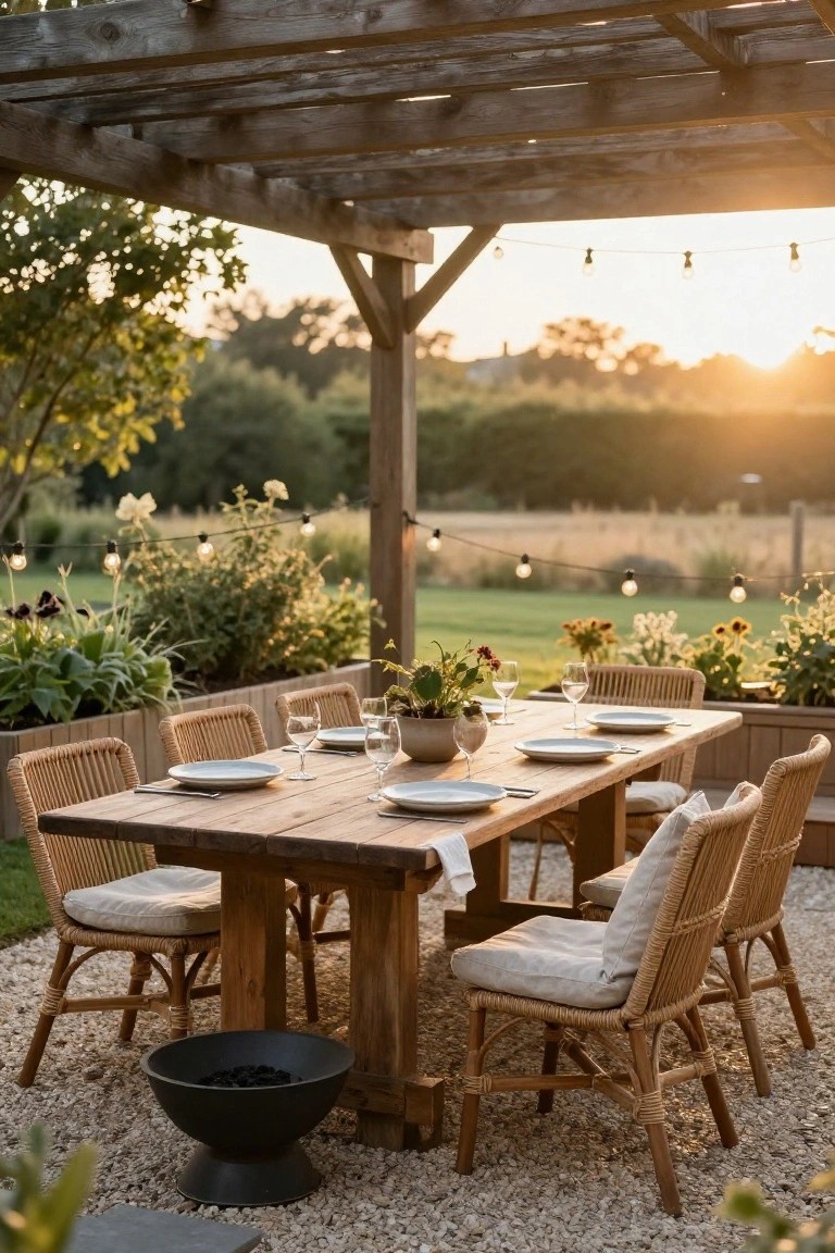 Wooden pergola shelters a long rectangular dining table with white plates, wine glasses, and rattan chairs on a gravel patio, with potted plants, string lights, and a black fire pit nearby.