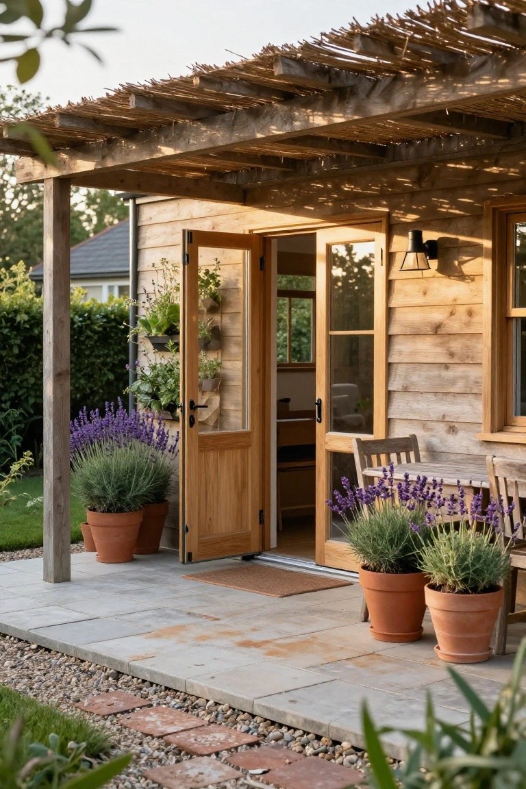 Wooden cabin exterior with open French doors onto a paved patio under a thatched pergola supported by timber posts, potted lavender and herbs flanking the entrance, wooden table and chairs on the patio.