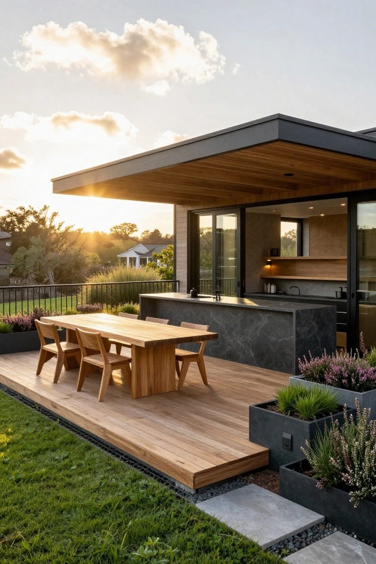 Wooden deck terrace with long rectangular dining table and chairs, black stone kitchen bar counter, sliding glass doors to house interior, potted plants in black containers, metal railing, and surrounding grass and garden beds at sunset.