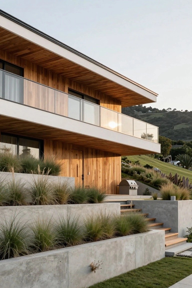 Modern two-story house on hillside with vertical wood cladding and cantilevered upper level over concrete retaining walls planted with tall grasses, wooden entry door, glass balcony railing, barbecue grill, and wooden steps.