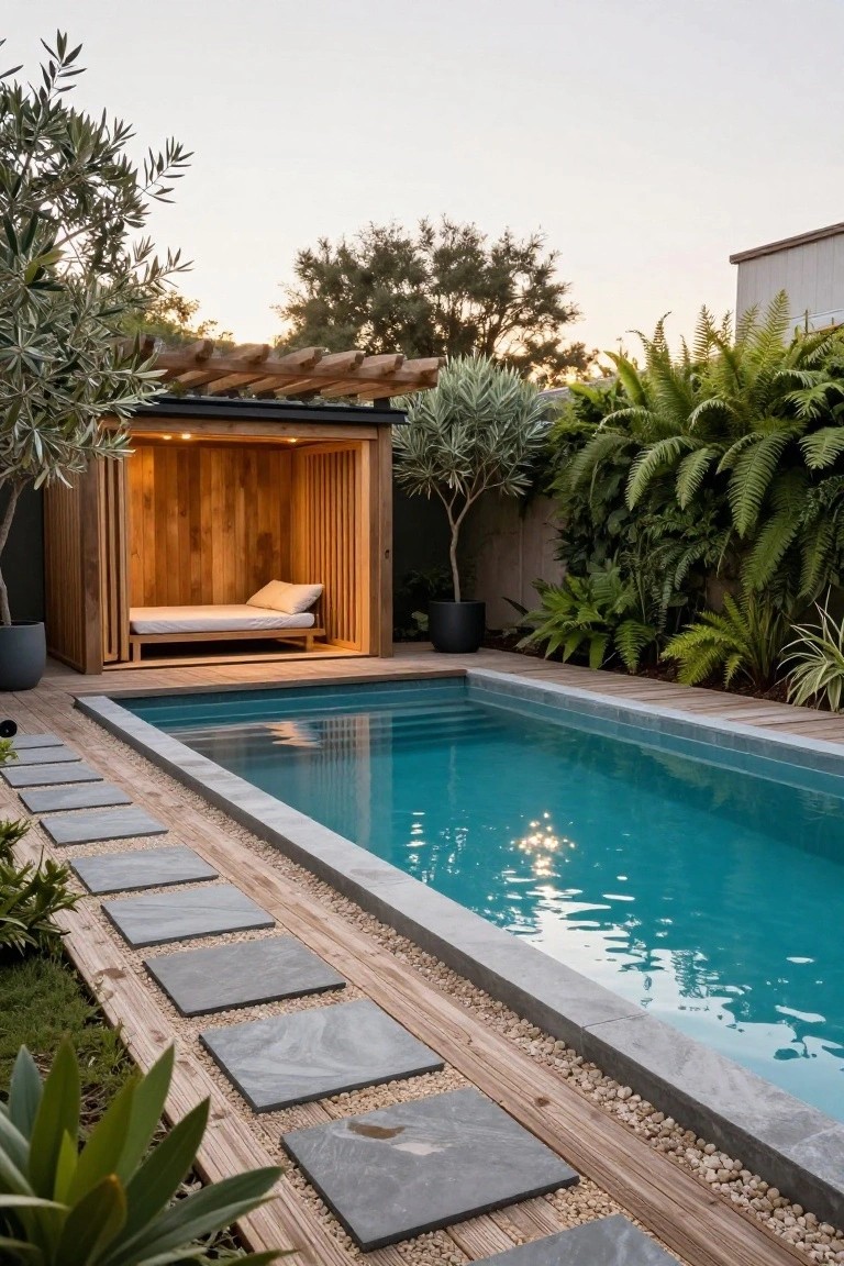 A wooden pavilion with vertical plank walls and slatted roof containing a daybed, positioned beside a long rectangular pool edged in stone and wood decking with surrounding plants and trees.