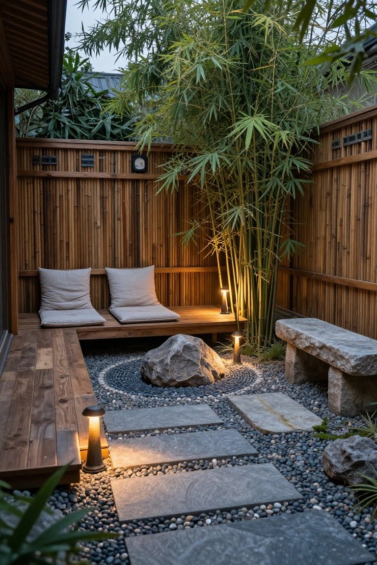 Enclosed outdoor courtyard with wooden deck platform, beige cushioned benches, stone bench, gravel garden with large rock and pebbles, bamboo plants and fences, and several lanterns.