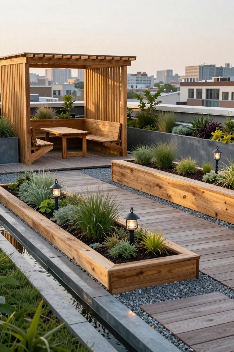 Rooftop terrace with open wooden pergola sheltering benches and table, wooden planters filled with grasses and succulents along gravel paths with lanterns, city buildings in background.