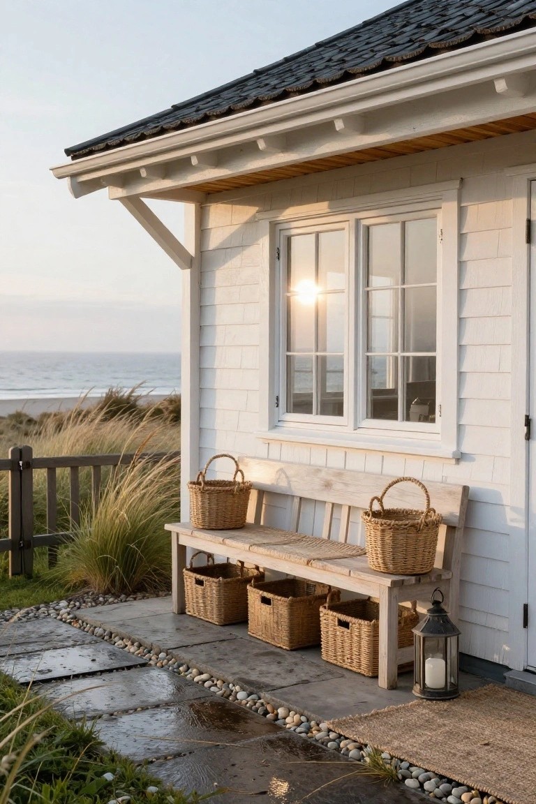 White shingle-sided house exterior featuring a wooden bench with three wicker baskets underneath, a lantern nearby, stone paver path edged with pebbles, beach grass, and ocean view in the background.