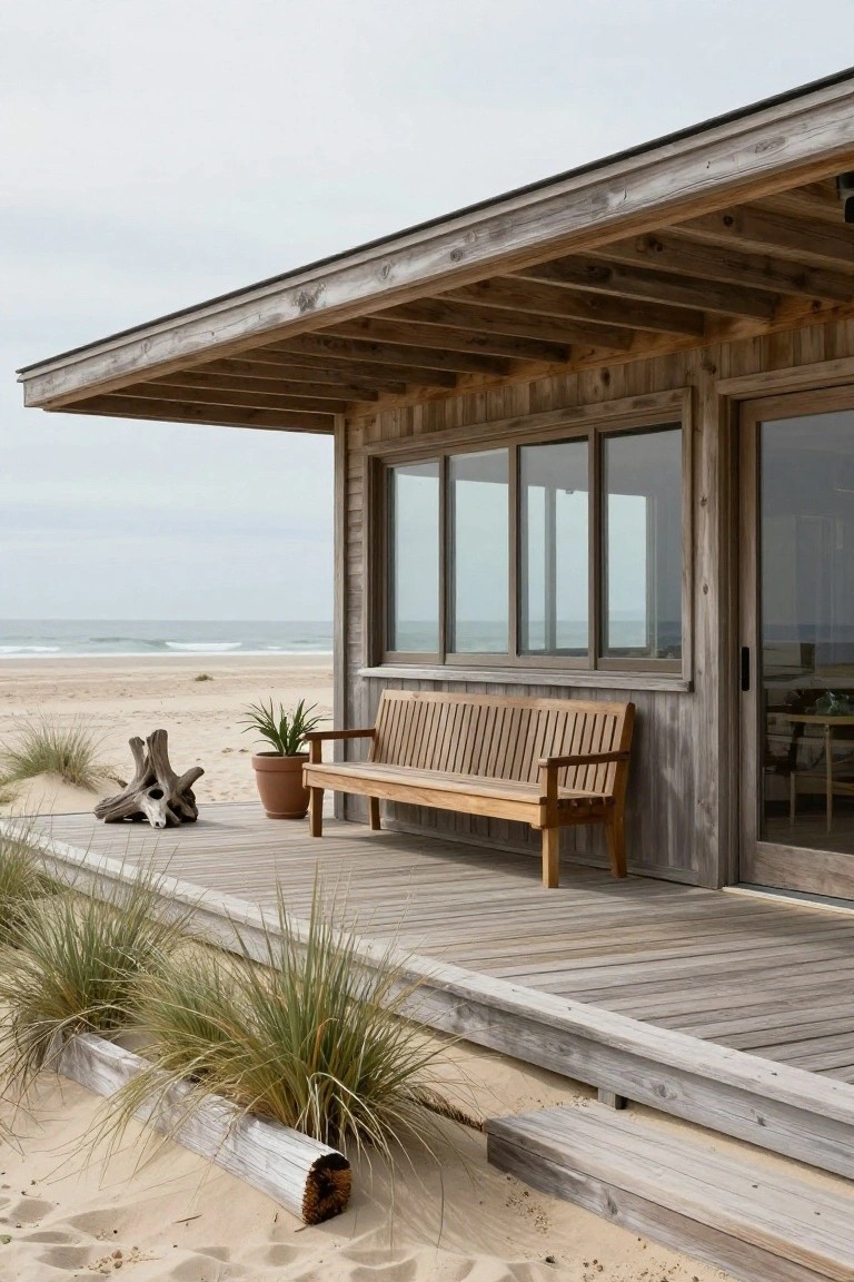 Weathered wooden beach house exterior with teak bench on deck porch, large glass doors, potted plant, driftwood, dune grass, and ocean view.