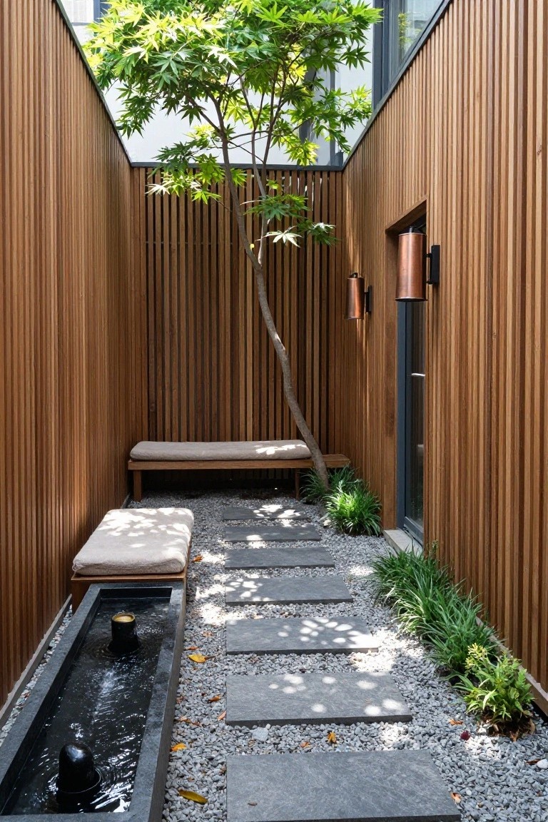 Narrow outdoor courtyard enclosed by tall vertical wooden slats on both sides, with a slim green-leafed tree in the center, wooden bench with beige cushions at one end, linear black stone water trough with two bubbling black stones, gray stepping stone path, scattered pebbles, and low green plants near a glass door.