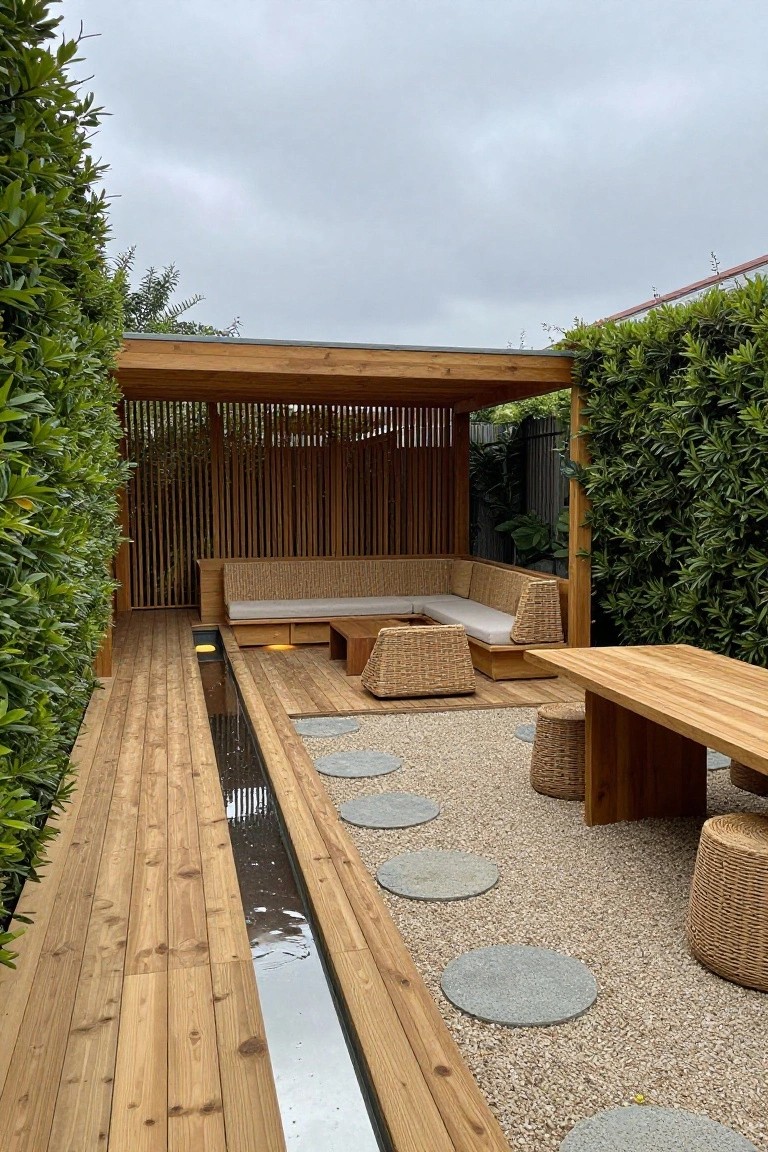 Wooden deck with slatted pergola and rattan seating on one side, narrow reflective water channel running parallel along the edge, transitioning to gravel area with circular stone stepping stones, surrounded by tall green hedges.