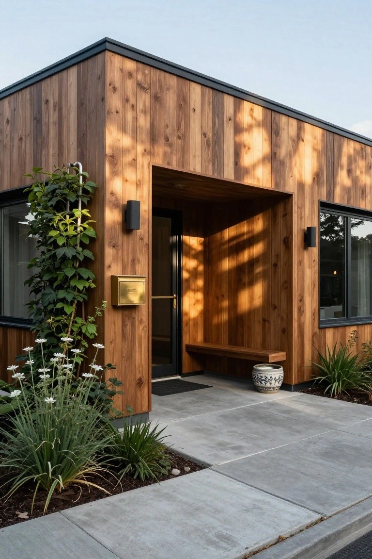 Modern boxy house exterior clad in vertical warm-toned wood planks with black-framed windows and door, recessed entry porch with built-in wooden bench, gold mailbox, climbing vines, white flowers, potted plant, and concrete pathway.