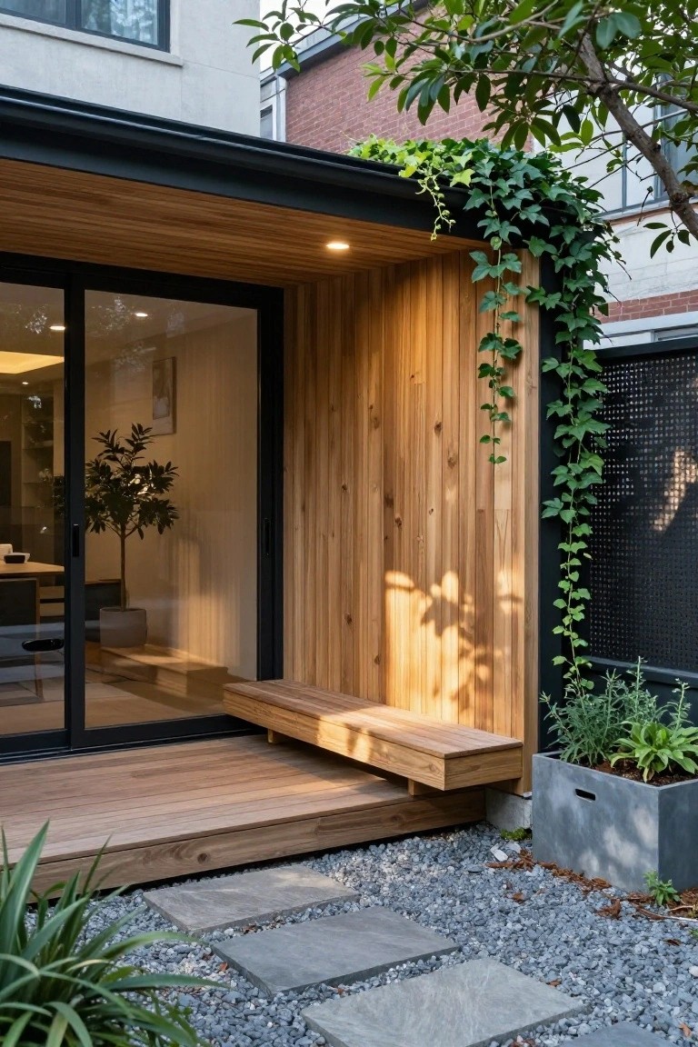 Exterior view of a black-framed wooden-clad pavilion with sliding glass doors, integrated bench on a deck, ivy climbing the walls, potted plants, gravel path with stone pavers, and adjacent brick house.